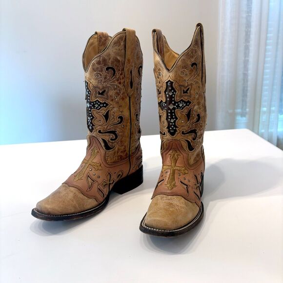 Corral Antique Saddle Metal Cross Square Toe‎ Metal Stud Boots C1167 Size 7 M - Picture 9 of 15